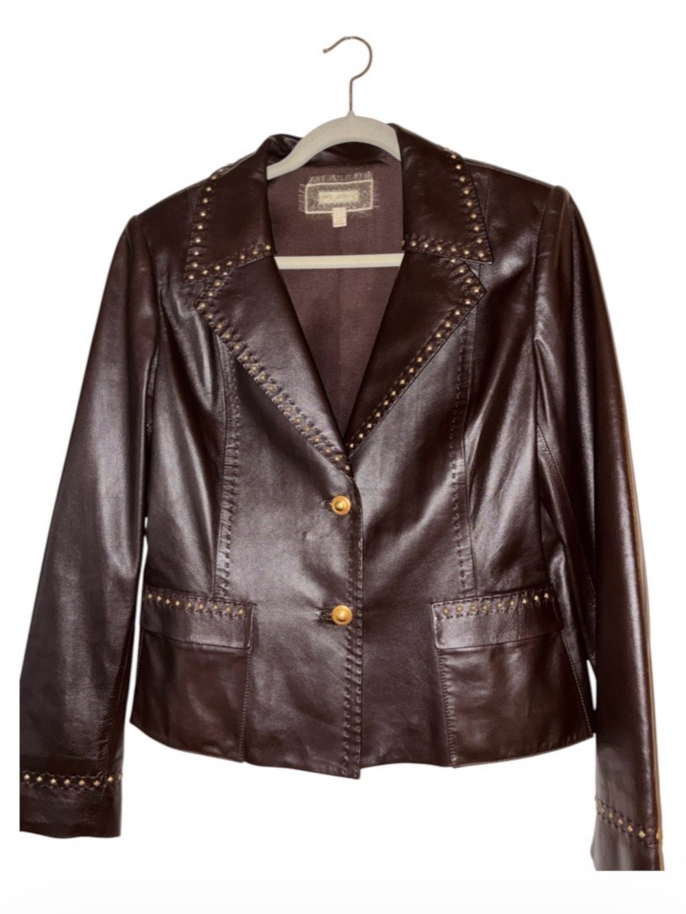 Like NEW Vintage ST. JOHN Lamb Leather Gold Studded Brown Double Front Button 12
